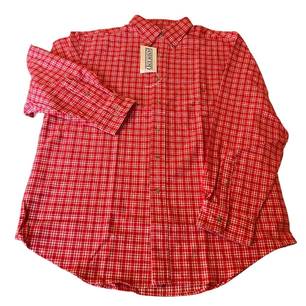 NWT Lands' End‎ Red Checkered Plaid Cotton Men's Shirt Size Large - Picture 4 of 6